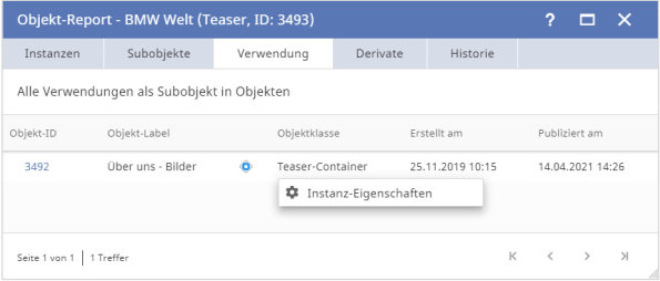 Usage overview in the object report Usage overview in the object report