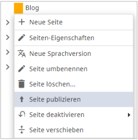 Publish a page from the context menu Publish a page from the context menu