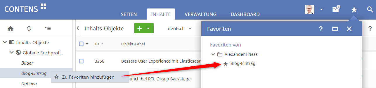 Favoriten für Menüeinträge Favoriten für Menüeinträge