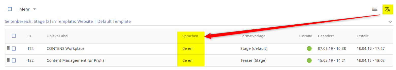 Language versions in the List View Language versions in the List View