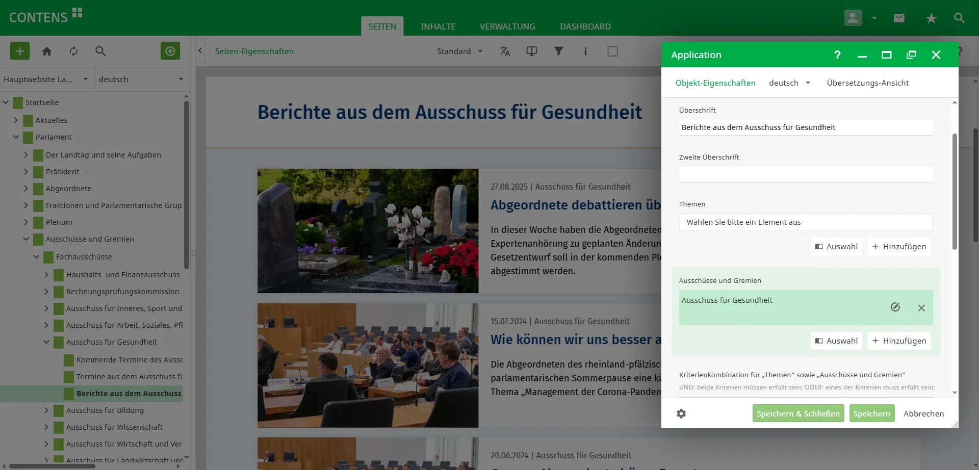 Bearbeiten der Nachrichtenliste des Landtag Rheinland-Pfalz im CONTENS CMS