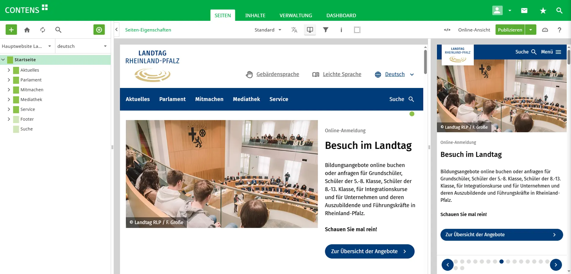 Split-screen view of the website of the Rhineland-Palatinate State Parliament in CONTENS CMS Split-screen view of the website of the Rhineland-Palatinate State Parliament in CONTENS CMS