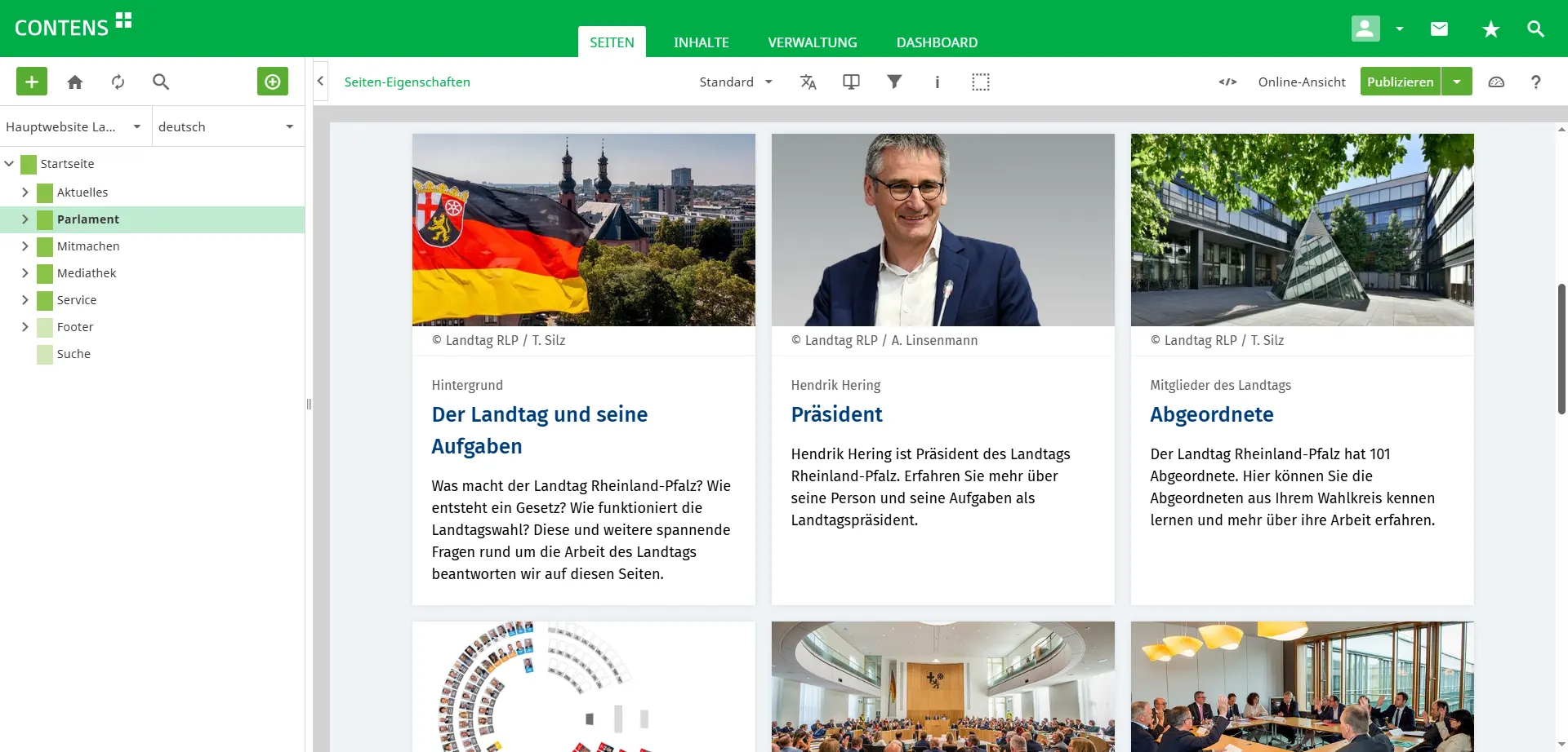 Distribution page "Parliament" of the Rhineland-Palatinate State Parliament in CONTENS CMS Distribution page "Parliament" of the Rhineland-Palatinate State Parliament in CONTENS CMS