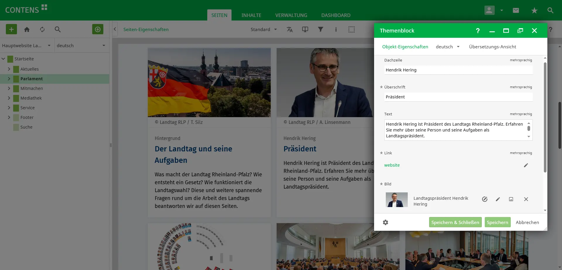 Distribution page "Parliament" of the Rhineland-Palatinate State Parliament in CONTENS CMS with edit window Distribution page "Parliament" of the Rhineland-Palatinate State Parliament in CONTENS CMS with edit window