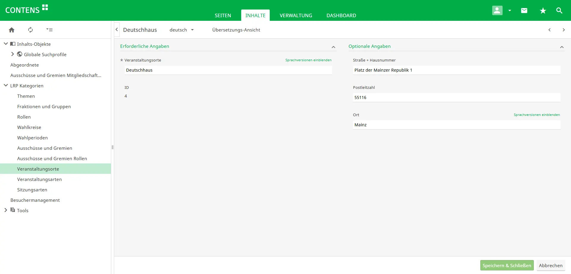 Managing an event location in CONTENS CMS Managing an event location in CONTENS CMS