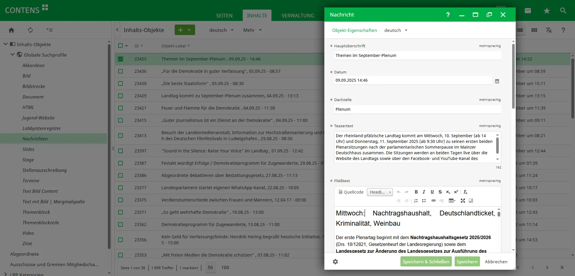 Editing a news from the Rhineland-Palatinate State Parliament in CONTENS CMS Editing a news from the Rhineland-Palatinate State Parliament in CONTENS CMS