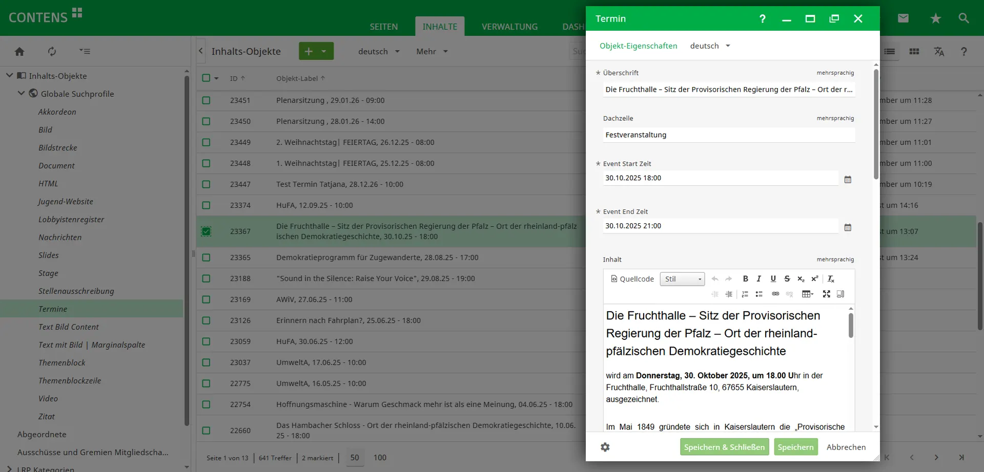 Editing an event of the Rhineland-Palatinate State Parliament in CONTENS CMS Editing an event of the Rhineland-Palatinate State Parliament in CONTENS CMS