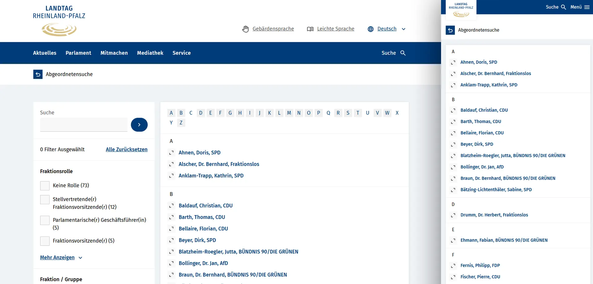 Member search of the Rhineland-Palatinate State Parliament in responsive design Member search of the Rhineland-Palatinate State Parliament in responsive design