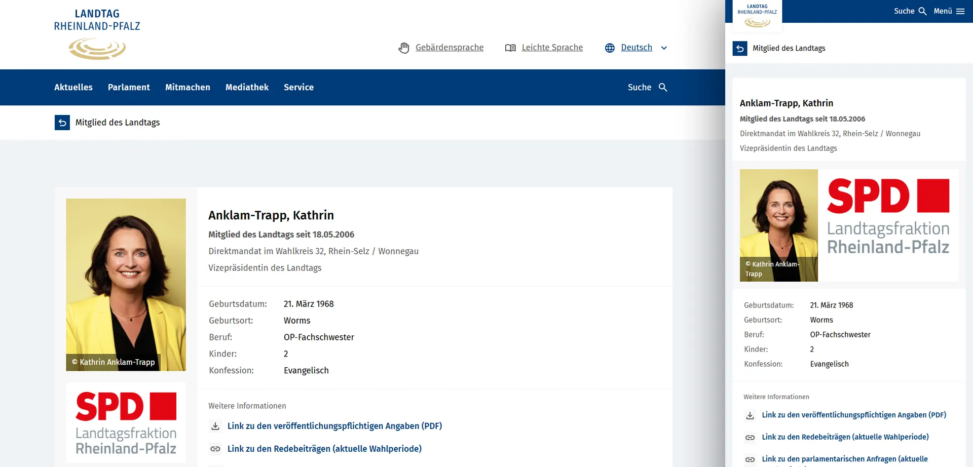 Member profile of the Rhineland-Palatinate State Parliament in responsive design Member profile of the Rhineland-Palatinate State Parliament in responsive design
