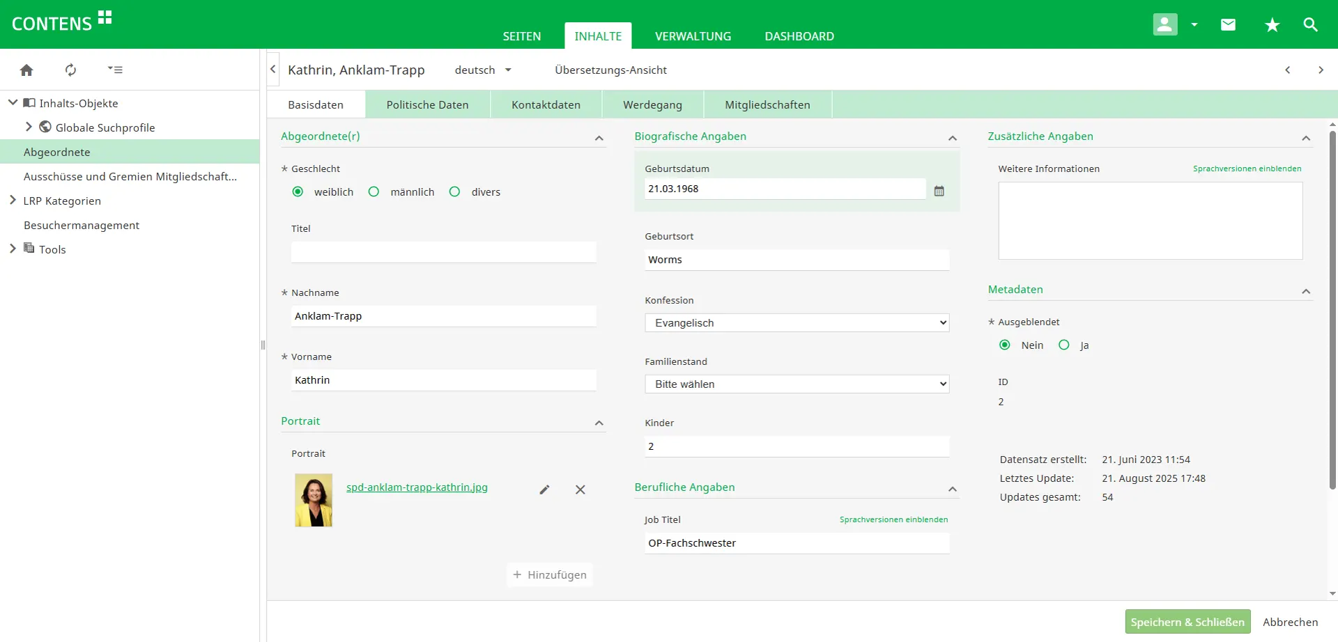 Administration of basic data of members of the Rhineland-Palatinate State Parliament in CONTENS CMS Administration of basic data of members of the Rhineland-Palatinate State Parliament in CONTENS CMS