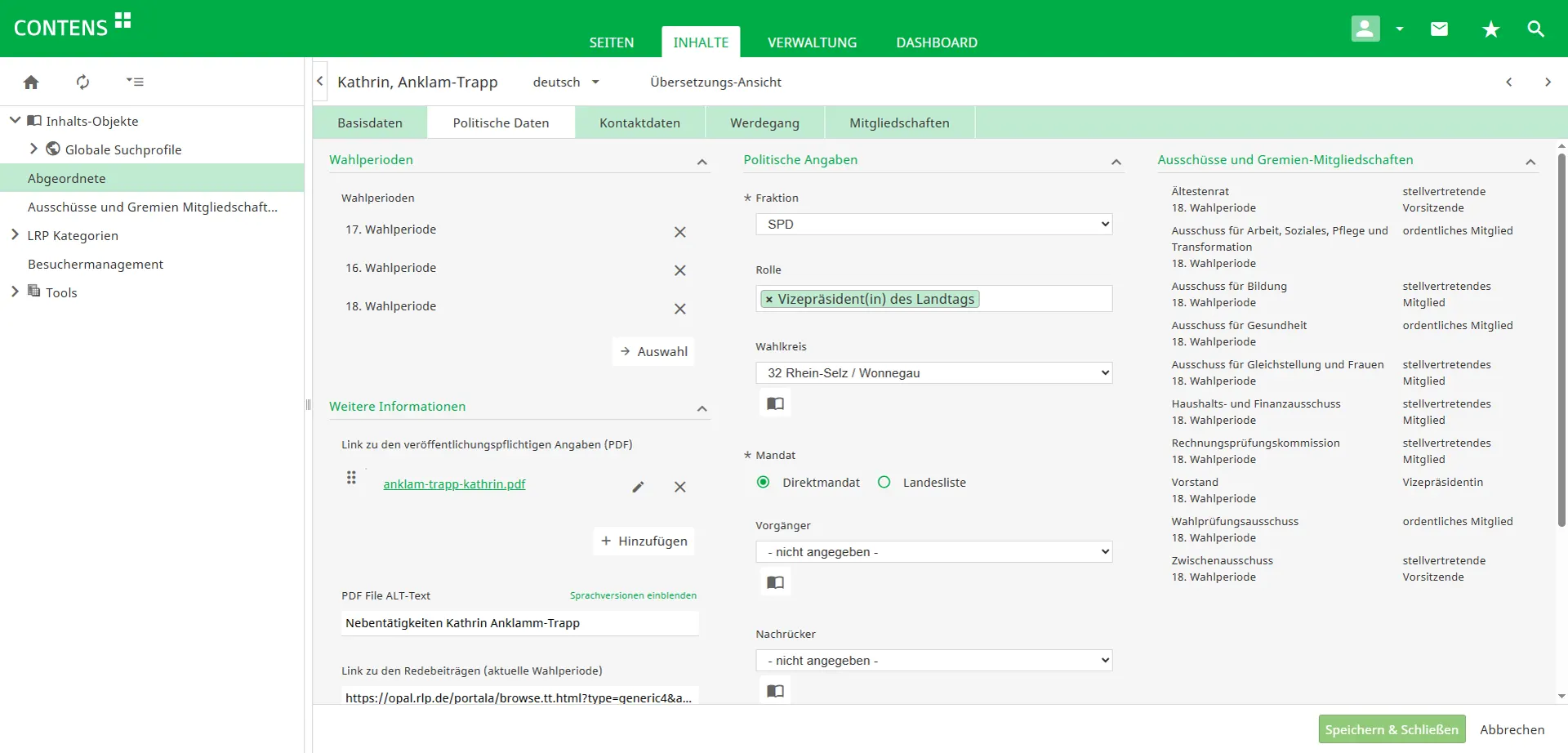 Management of political data of members of the Rhineland-Palatinate State Parliament in CONTENS CMS Management of political data of members of the Rhineland-Palatinate State Parliament in CONTENS CMS
