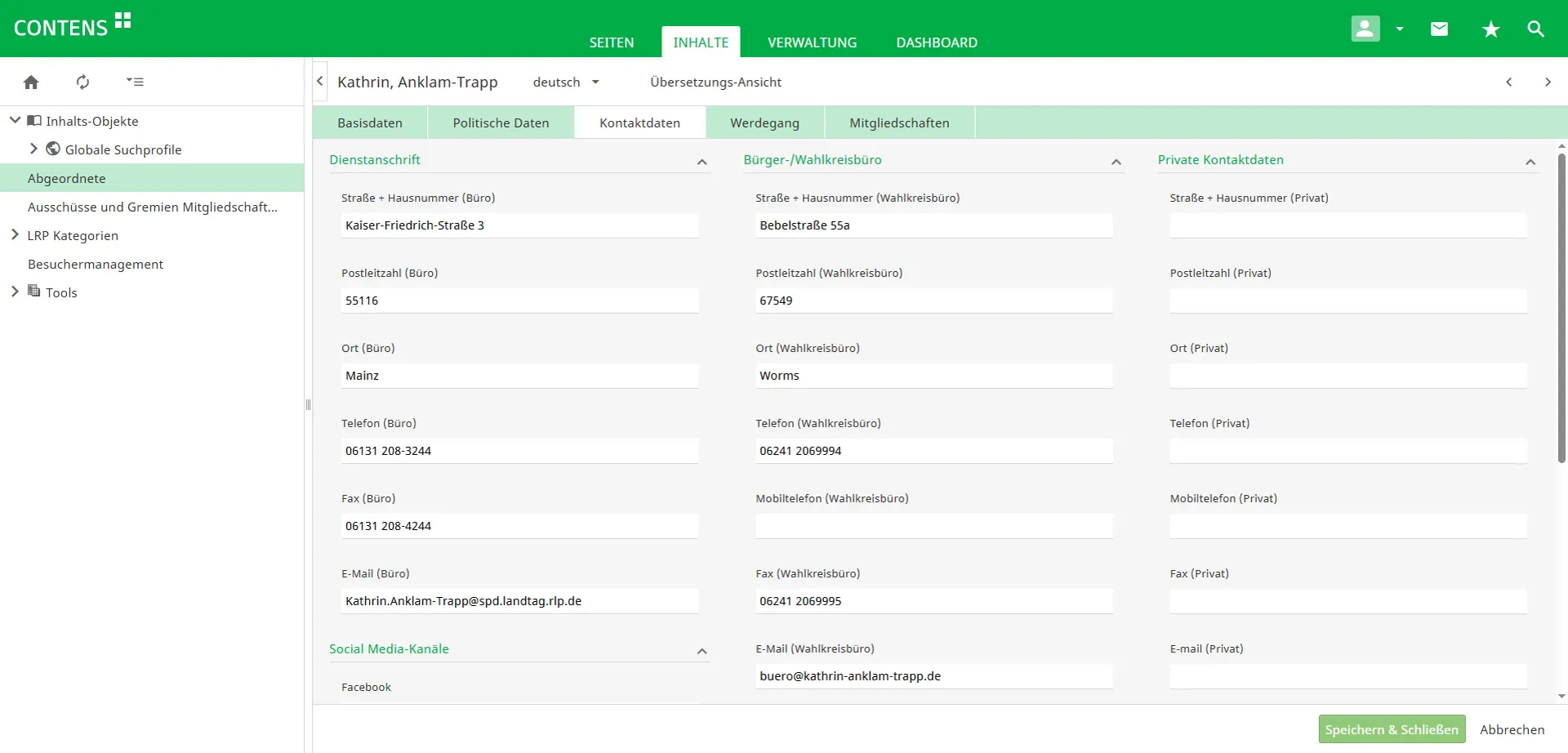 Management of contact details of members of the Rhineland-Palatinate State Parliament in CONTENS CMS Management of contact details of members of the Rhineland-Palatinate State Parliament in CONTENS CMS